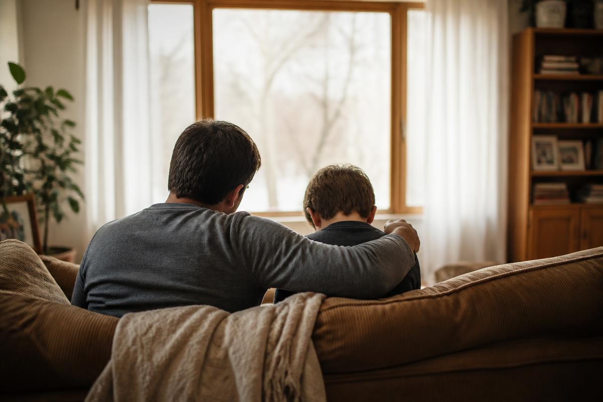 A parent sitting quietly beside a sad child, offering gentle presence