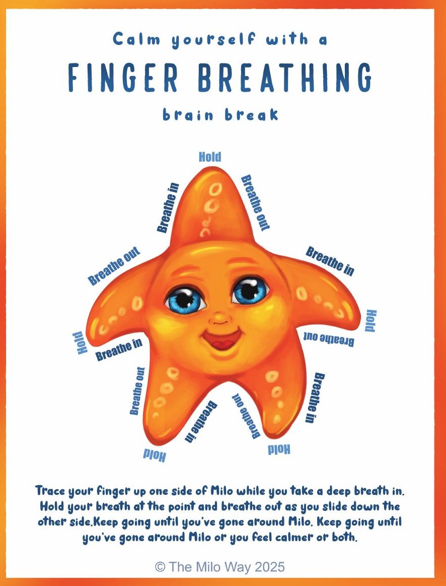 Finger breathing brain break printable with Milo the sea star